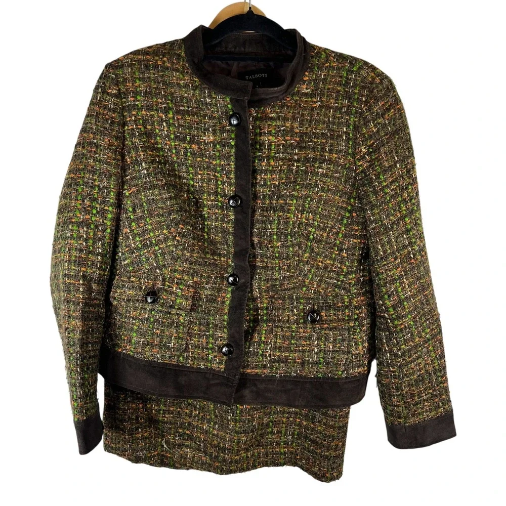 Talbots Womens Tweed Skirt Suit Set Brown Green Orange Jacket 8 Skirt 6